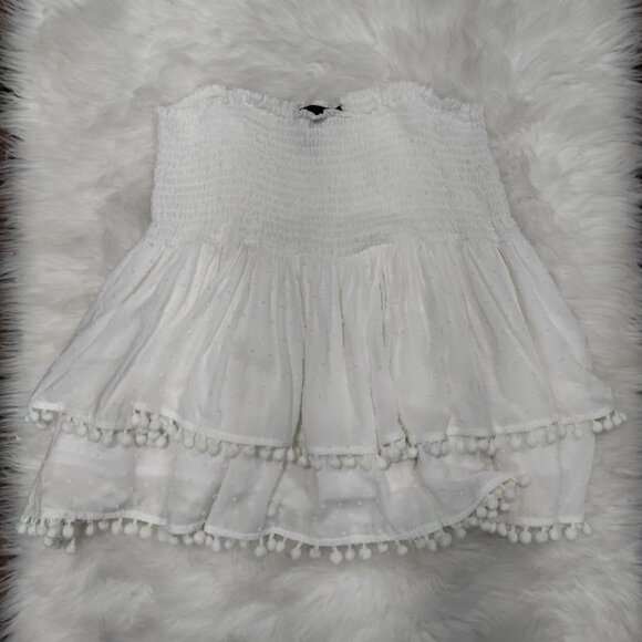 Aqua White Smocked Hips Pom-Pom Trim Ruffled Tiered Mini Skirt Size Large - Picture 2 of 9